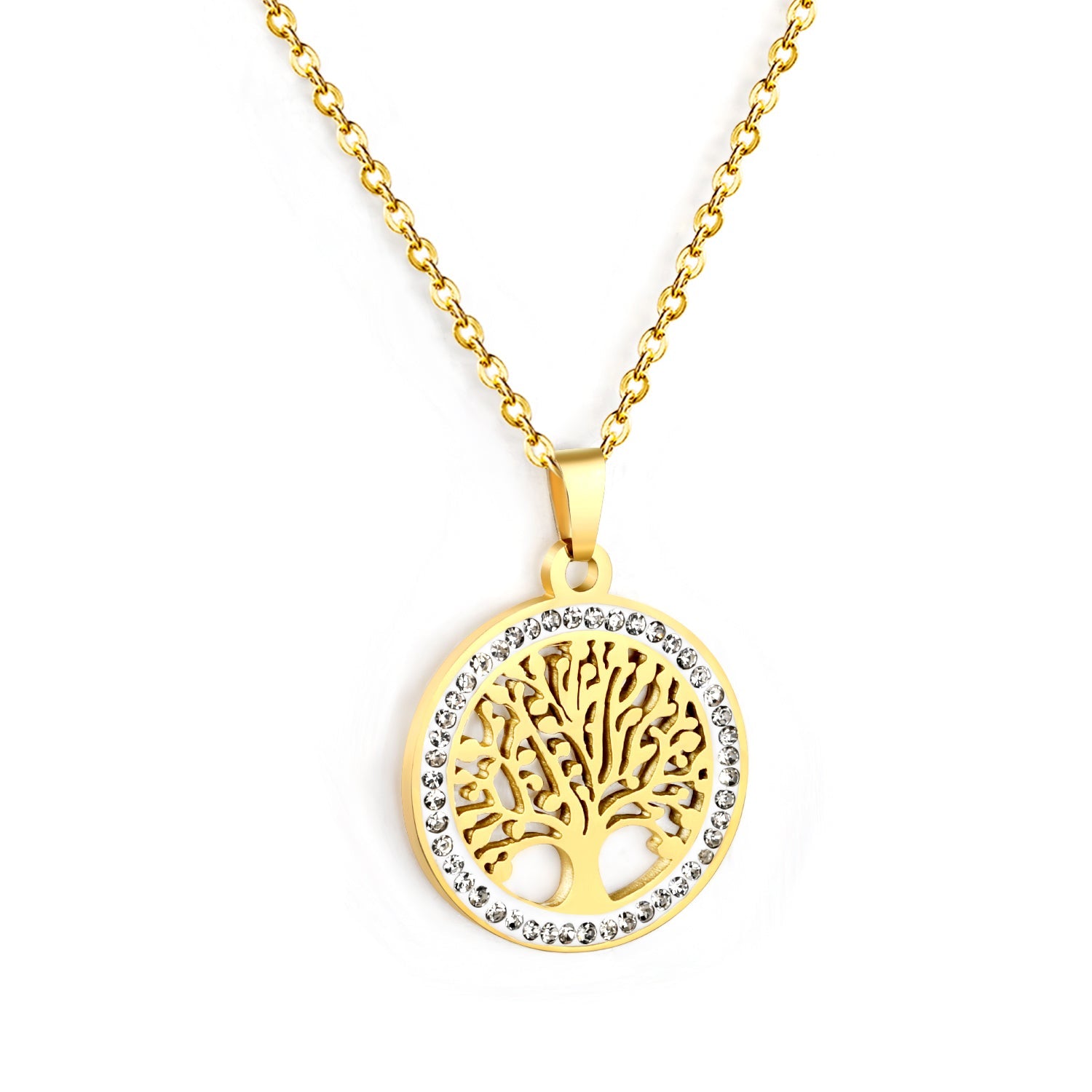 21.9mm Round Hollowed Out Tree of Life with White Diamonds Pendant 40+5cm Necklace Steel/Golden asonjewelry